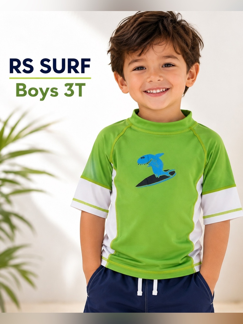 Boys Green & White Shark Surfing Rash Guard - Size 3T